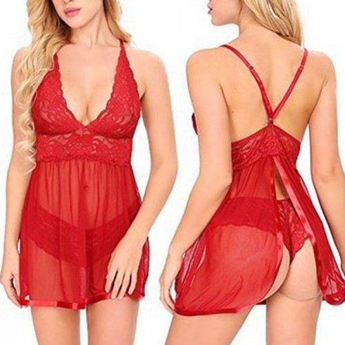 Luxury See Through Lace Mesh Halter Neck Women Nightwear - Red image