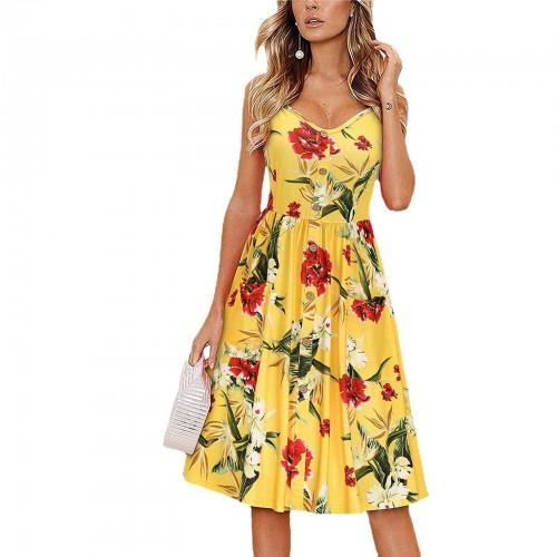 Elegant Blossom Sleeveless Big Hem Midi Dress - Yellow image