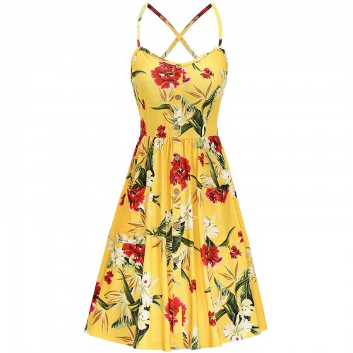 Elegant Blossom Sleeveless Big Hem Midi Dress - Yellow image