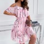 Ruffle Off Shoulder Spaghetti Trumpet Sleeves Midi Dress - Pink