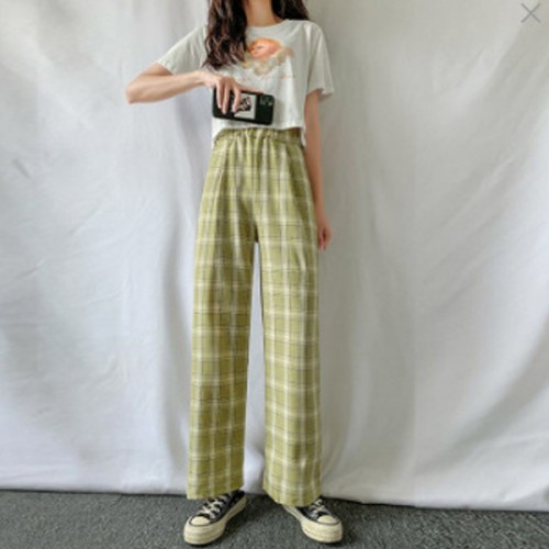 Vintage High Waist Elastic Plaid Women Joggers Sweatpants - Green image