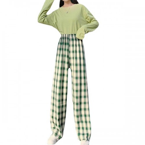 Vintage High Waist Elastic Plaid Women Joggers Sweatpants - Green image