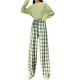 Vintage High Waist Elastic Plaid Women Joggers Sweatpants - Green image