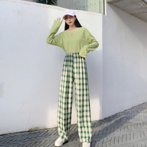 Vintage High Waist Elastic Plaid Women Joggers Sweatpants - Green
