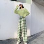 Vintage High Waist Elastic Plaid Women Joggers Sweatpants - Green