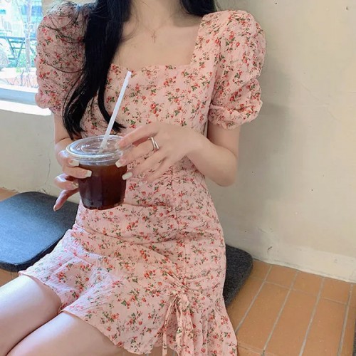 Sweet Squire Neck Puff Sleeve A Line Floral Women Mini Dress - Pink image