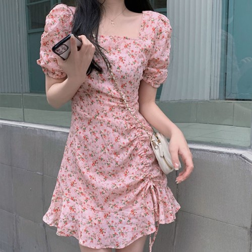 Sweet Squire Neck Puff Sleeve A Line Floral Women Mini Dress - Pink image