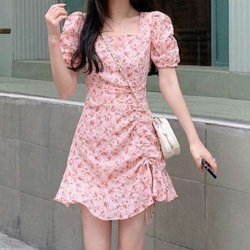 Sweet Squire Neck Puff Sleeve A Line Floral Women Mini Dress - Pink image