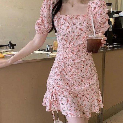 Sweet Squire Neck Puff Sleeve A Line Floral Women Mini Dress - Pink image