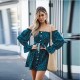 Ruffle Puff Sleeves Polka Dot Bow Knot Belt Mini Dress - Blue image