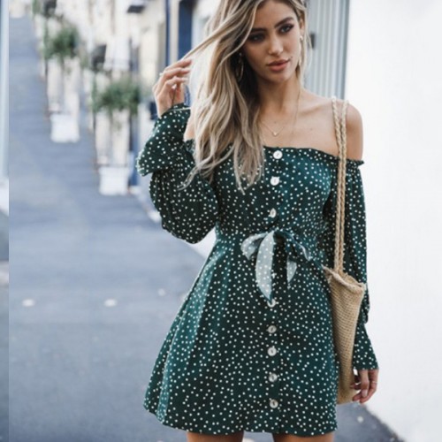 Ruffle Puff Sleeves Polka Dot Bow Knot Belt Mini Dress - Blue image