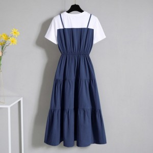 Suspenders Patchwork Fake Two Piece O-Neck Cupcake Midi Dress - Blue
