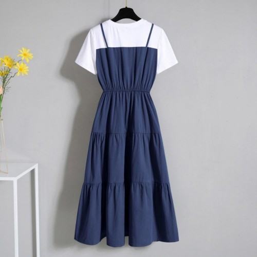 Suspenders Patchwork Fake Two Piece O-Neck Cupcake Midi Dress - Blue image