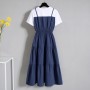 Suspenders Patchwork Fake Two Piece O-Neck Cupcake Midi Dress - Blue