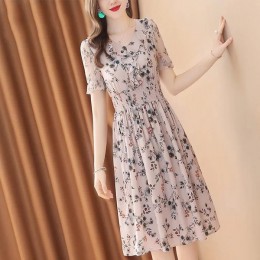 A-Line Floral V-neck Elastic Mid Length Skirt Women Dress - Pink