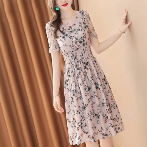 A-Line Floral V-neck Elastic Mid Length Skirt Women Dress - Pink image