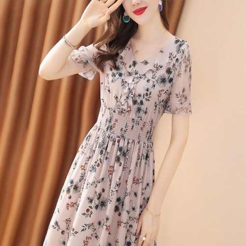 A-Line Floral V-neck Elastic Mid Length Skirt Women Dress - Pink image