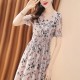 A-Line Floral V-neck Elastic Mid Length Skirt Women Dress - Pink image