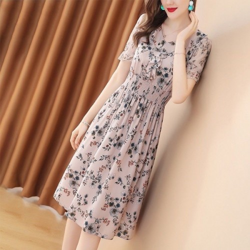 A-Line Floral V-neck Elastic Mid Length Skirt Women Dress - Pink image