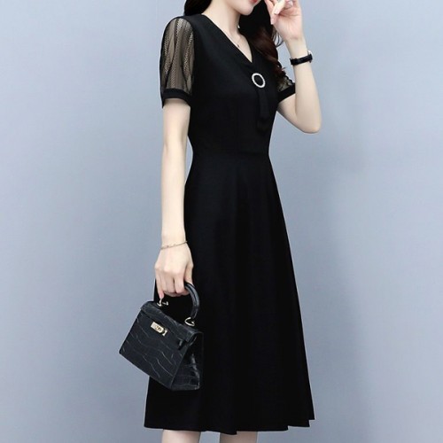 A-Line Lace Hollows V Neck Mid-length Women Skirt Dress - Black image