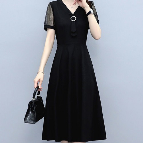 A-Line Lace Hollows V Neck Mid-length Women Skirt Dress - Black image