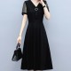 A-Line Lace Hollows V Neck Mid-length Women Skirt Dress - Black image