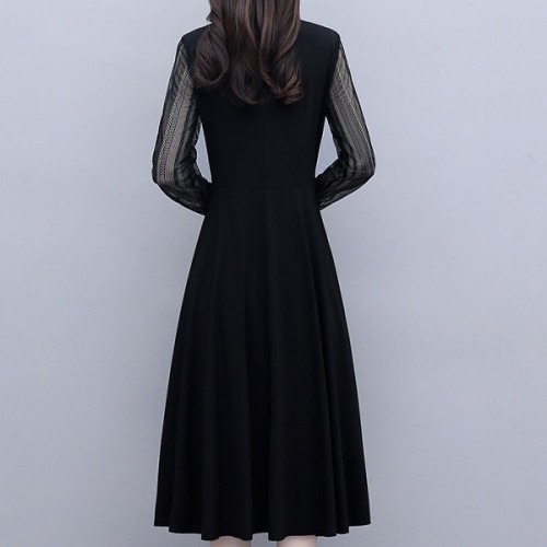 A-Line Lace Hollows V Neck Mid-length Women Skirt Dress - Black image