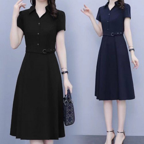 Solid Color High Waist Polo Collar Belted Midi Dress - Black image