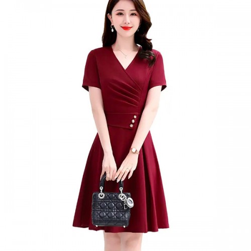Elegant V Neck Waist Strap Buttons Women Midi Dress - Red image