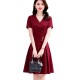 Elegant V Neck Waist Strap Buttons Women Midi Dress - Red image