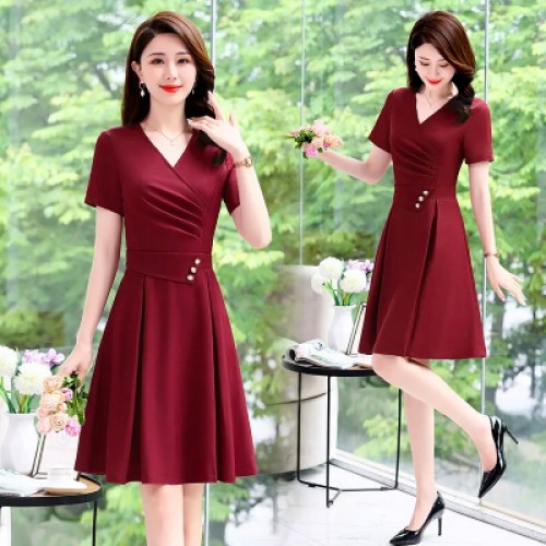 Elegant V Neck Waist Strap Buttons Women Midi Dress - Red image
