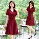 Elegant V Neck Waist Strap Buttons Women Midi Dress - Red image