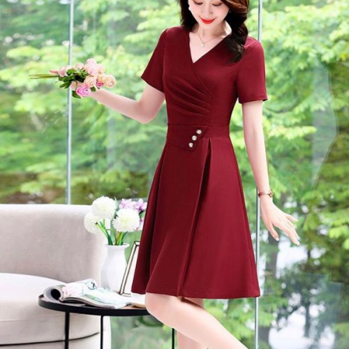 Elegant V Neck Waist Strap Buttons Women Midi Dress - Red image