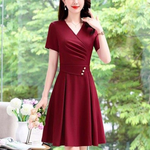 Elegant V Neck Waist Strap Buttons Women Midi Dress - Red image