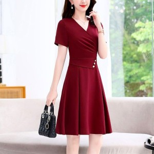 Elegant V Neck Waist Strap Buttons Women Midi Dress - Red