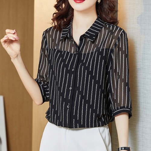 Fashionable Trending Polo Collar Lose Women Shirt - Black image