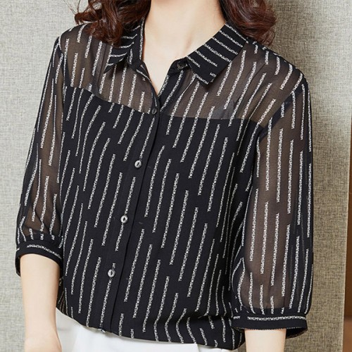 Fashionable Trending Polo Collar Lose Women Shirt - Black image