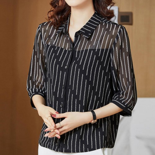 Fashionable Trending Polo Collar Lose Women Shirt - Black image