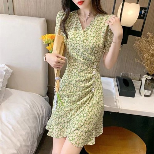 Ruffled Slit Floral Puff Sleeve V Neck Women Mini Dress - Green image