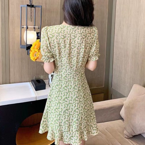 Ruffled Slit Floral Puff Sleeve V Neck Women Mini Dress - Green image