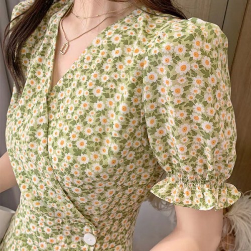 Ruffled Slit Floral Puff Sleeve V Neck Women Mini Dress - Green image