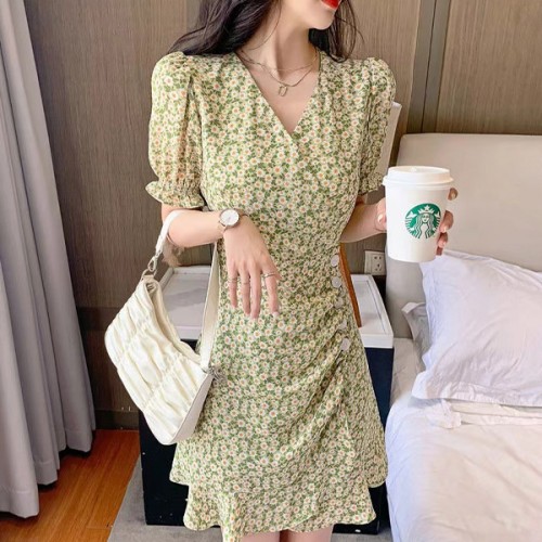 Ruffled Slit Floral Puff Sleeve V Neck Women Mini Dress - Green image