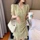 Ruffled Slit Floral Puff Sleeve V Neck Women Mini Dress - Green image