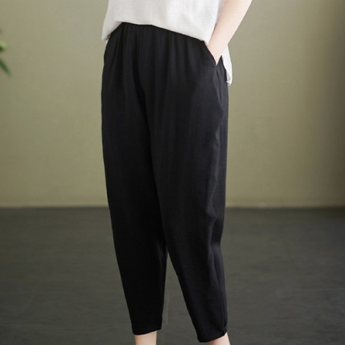 Side Pockets Loose Fit Elastic Cropped Trouser Pants - Black image
