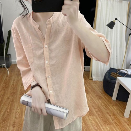 Comfortable Half Open Collar Loose Casual Women Tops - Pink image
