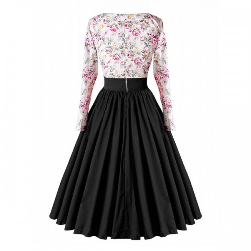 Retro Style Floral Contrast Stitching Hepburn Swing Skirt Maxi Dress - Black image