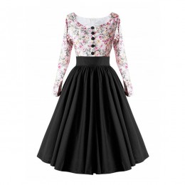 Retro Style Floral Contrast Stitching Hepburn Swing Skirt Maxi Dress - Black