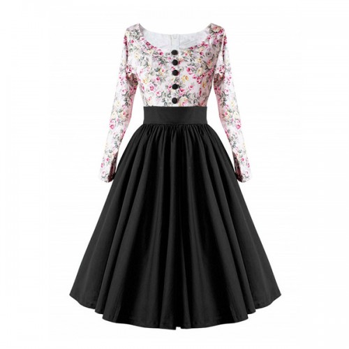 Retro Style Floral Contrast Stitching Hepburn Swing Skirt Maxi Dress - Black image