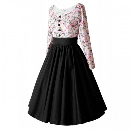 Retro Style Floral Contrast Stitching Hepburn Swing Skirt Maxi Dress - Black image