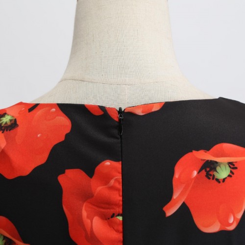 A-line Floral Sleeve Less Tie Waist Swing Petite Midi Party Dress - Red image